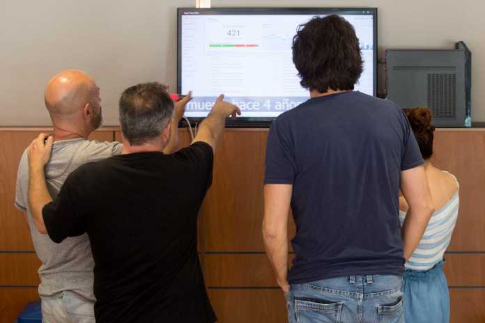 Transformación digital. Varios redactores observan la pantalla que muestra en tiempo real qué leen los usuarios en la web de Diario de Ibiza. Toni Escobar