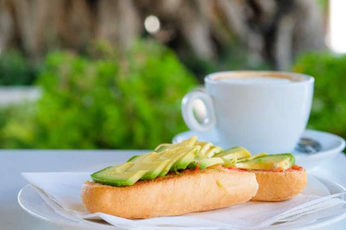 Tostada de pan sin gluten, con tomate y aguacate y cafe con leche de soja. foto: sergio g. cañizares desayunos sin gluten